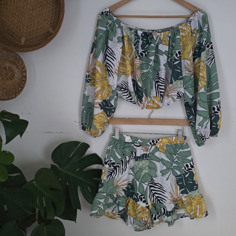 Tropical Leaf Print Off-Shoulder Top and Skirt Set